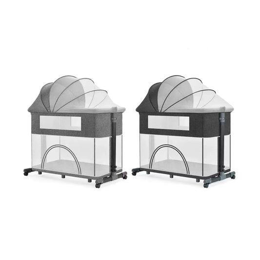 Cuna colecho de 2 niveles y altura ajustable, multifuncional como corral, con sistema plegable, capota con mosquitero, laterales en malla, ruedas para facilitar su movimiento