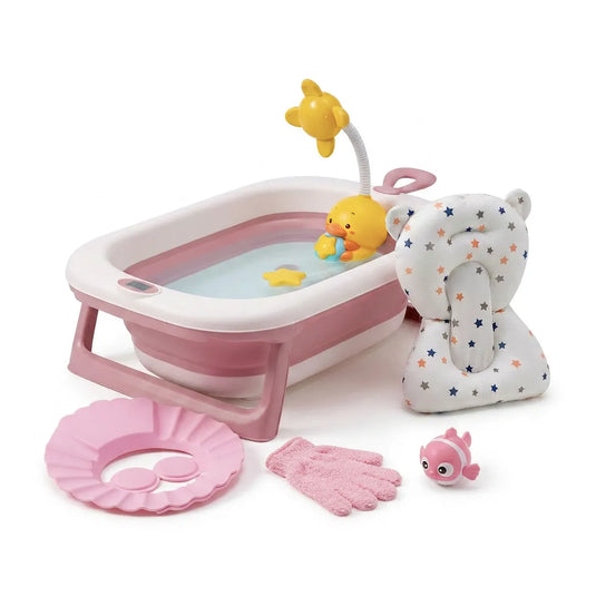 Combo de baño 6 en 1 para bebé con bañera plegable, almohadilla, ducha eléctrica de patito, juguetes, guantes y visera de baño