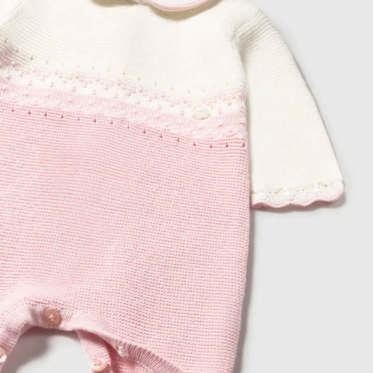 Mameluco enterizo tejido blanco/rosa para recién nacida, manga larga, botones a presión en la entrepierna para facilitar la puesta, cierre con botones en la espalda para facilitar la puesta, tejido de punto tricotosa de tacto suave y agradable - Mayoral