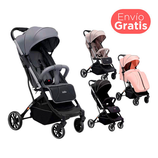 Coche paseador con plegado estilo maleta, espaldar ajustable, con freno de ruedas traseras, capota desplegable para cubrirlo del sol, y cubrepiés desmontable - Kidilo