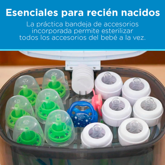Esterilizador eléctrico de lujo, esterilización a vapor con capacidad para 6 teteros y accesorios, bandeja extraíble y función de apagado automático - Dr Brown´s