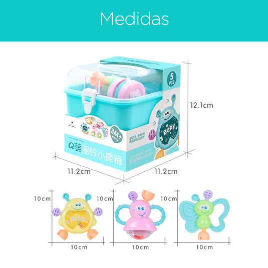 Estuche de sonajeros para bebé de 0 a 12 meses, fácil de llevar, incluye 5 unidades