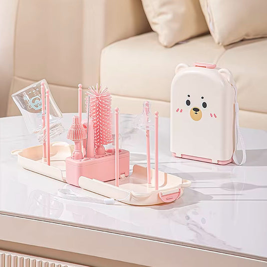 Juego de cepillos lavateteros portátil en estuche de osito, kit de limpieza de biberones, accesorios y vasos, hechos en silicona grado alimenticio, de tamaño compacto fácil de transportar