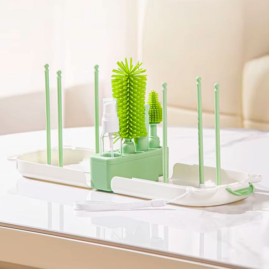 Juego de cepillos lavateteros portátil en estuche de osito, kit de limpieza de biberones, accesorios y vasos, hechos en silicona grado alimenticio, de tamaño compacto fácil de transportar