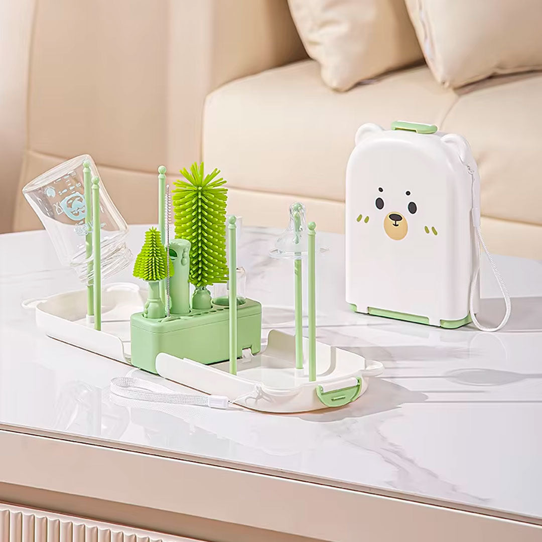 Juego de cepillos lavateteros portátil en estuche de osito, kit de limpieza de biberones, accesorios y vasos, hechos en silicona grado alimenticio, de tamaño compacto fácil de transportar