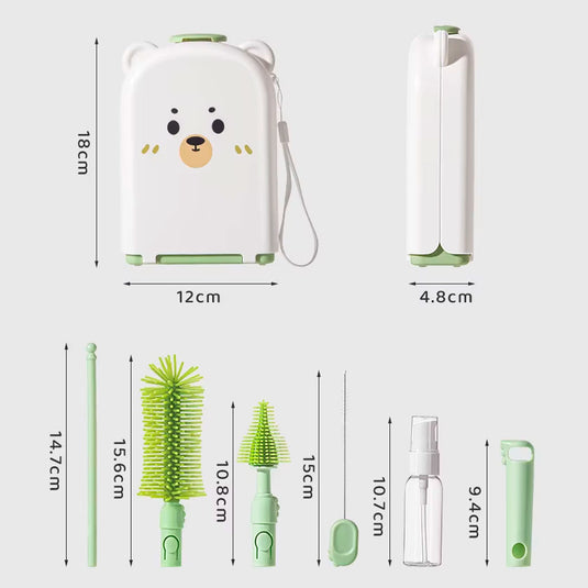 Juego de cepillos lavateteros portátil en estuche de osito, kit de limpieza de biberones, accesorios y vasos, hechos en silicona grado alimenticio, de tamaño compacto fácil de transportar