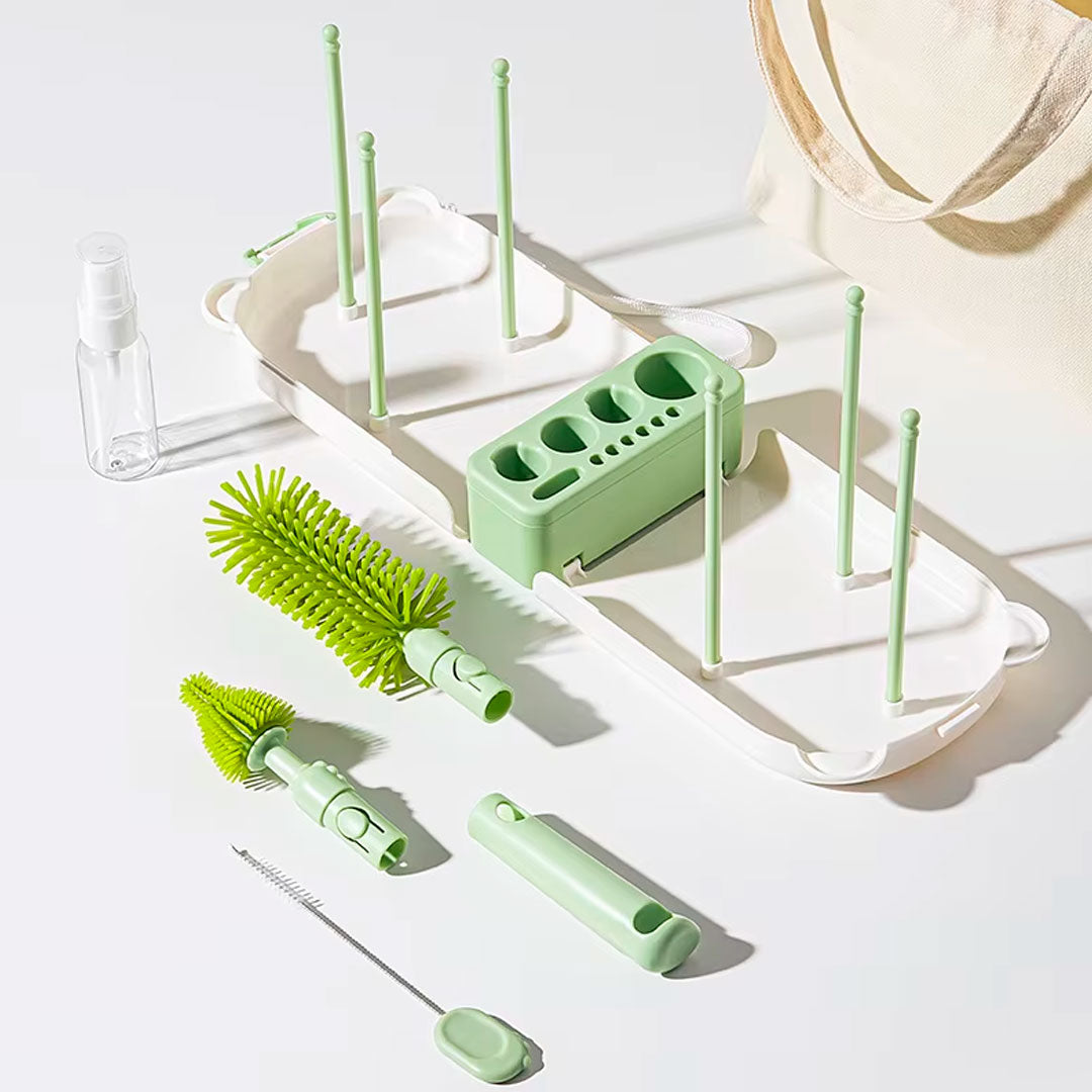 Juego de cepillos lavateteros portátil en estuche de osito, kit de limpieza de biberones, accesorios y vasos, hechos en silicona grado alimenticio, de tamaño compacto fácil de transportar