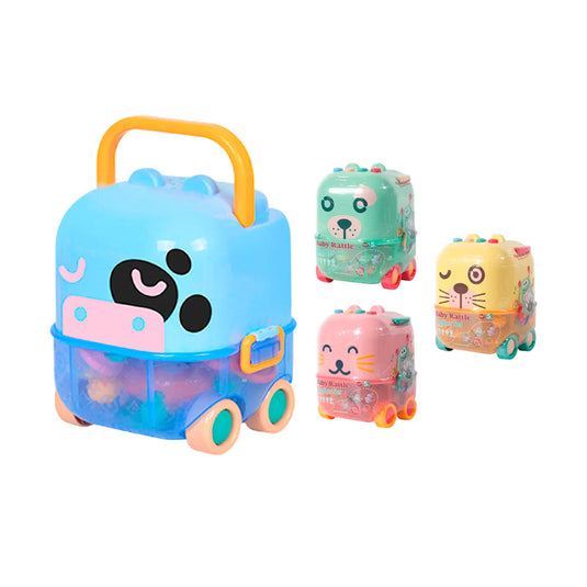 Estuche de sonajeros 5pz Caritas de Animales, con rascaencias, hechos en silicona de grado alimenticio y plástico ABS sin BPA, estuche con luces y melodías
