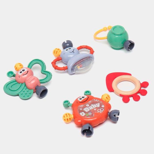 Estuche de sonajeros 5pz Caritas de Animales, con rascaencias, hechos en silicona de grado alimenticio y plástico ABS sin BPA, estuche con luces y melodías