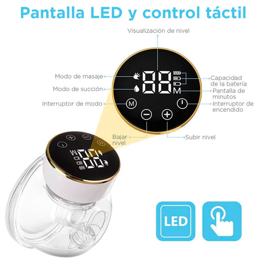 Extractor de leche manos libres eléctrico, ajustable a 3 modos y 9 niveles de succión, capacidad de 180ml con pantalla táctil LED
