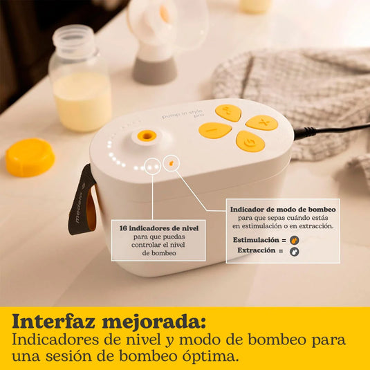 Extractor eléctrico de 2ª generación en Style Pro, ofrece eficiencia hospitalaria clínicamente probada, doble y portátil, de un tamaño compacto y peso ligero, con biberones, sistema de protección de pecho PersonalFit Plus - Medela