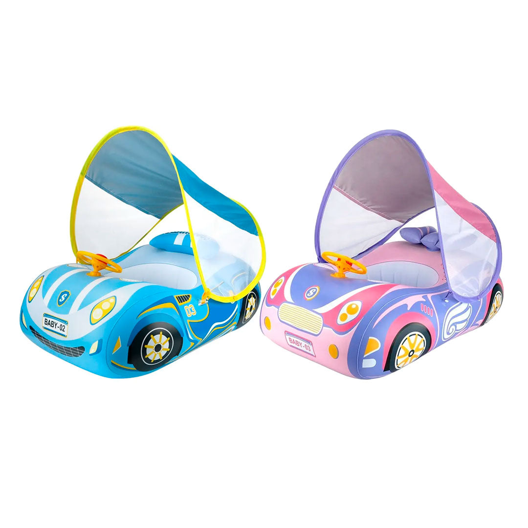 Flotador inflable con diseño de carrito, toldo cubresol ajustable con laterales en malla para mejor visibilidad, asiento de seguridad, respaldo antivuelco