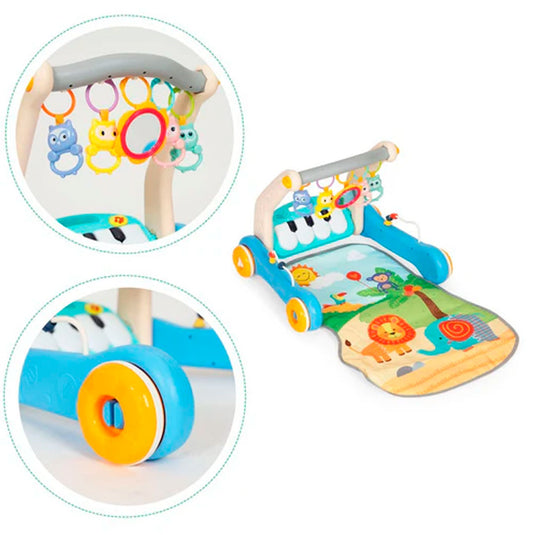 Gimnasio andadera 2en1 con piano didáctico, gimnasio interactivo con piano ajustable a dos posiciones con luces y sonidos, tapete de tela antialérgica, móviles colgantes, hecho en material resistente - Huanger