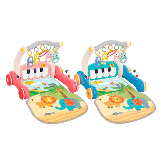 Gimnasio andadera 2en1 con piano didáctico, gimnasio interactivo con piano ajustable a dos posiciones con luces y sonidos, tapete de tela antialérgica, móviles colgantes, hecho en material resistente - Huanger