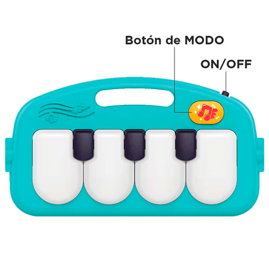 Gimnasio andadera 2en1 con piano didáctico, gimnasio interactivo con piano ajustable a dos posiciones con luces y sonidos, tapete de tela antialérgica, móviles colgantes, hecho en material resistente - Huanger