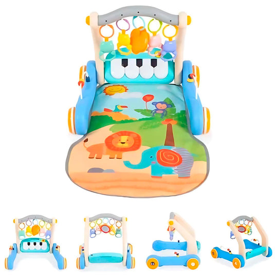 Gimnasio andadera 2en1 con piano didáctico, gimnasio interactivo con piano ajustable a dos posiciones con luces y sonidos, tapete de tela antialérgica, móviles colgantes, hecho en material resistente - Huanger