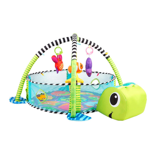 Gimnasio corral 3 en 1 de tortuga, tapete de juegos para bebé, pelotitas de juego, juguetes móviles, diseño y colores llamativos para el bebé