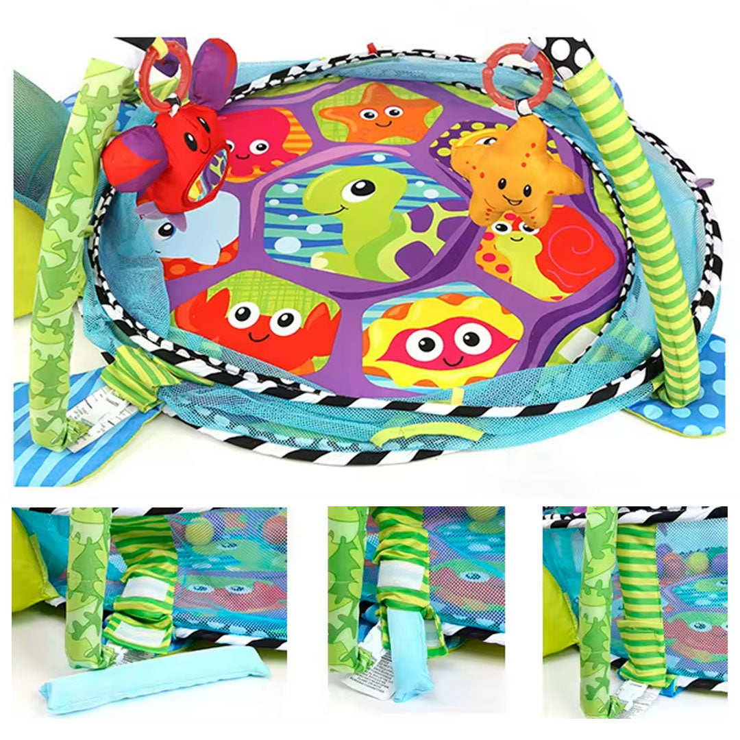 Gimnasio corral 3 en 1 de tortuga, tapete de juegos para bebé, pelotitas de juego, juguetes móviles, diseño y colores llamativos para el bebé