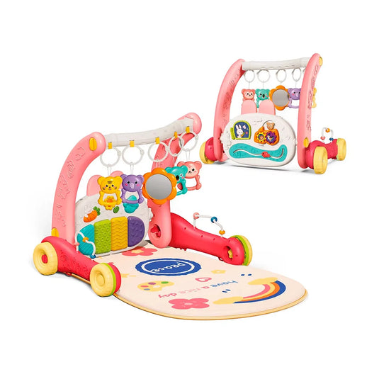 Gimnasio y andadera 2 en 1 con luces y sonidos, móviles colgantes, sistema de andadera para los primeros pasos, alfombra de juego, diseño de animalitos con colores vibrantes y texturas