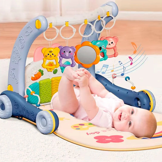 Gimnasio y andadera 2 en 1 con luces y sonidos, móviles colgantes, sistema de andadera para los primeros pasos, alfombra de juego, diseño de animalitos con colores vibrantes y texturas