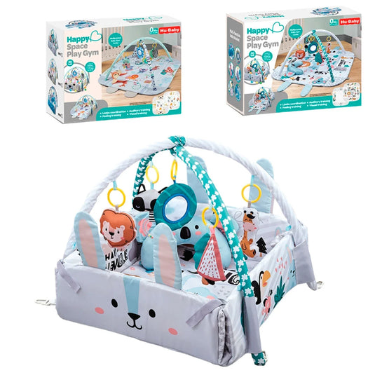 Gimnasio corral Conejito blanco con móviles colgantes, diseño con animalitos de colores, hecho en material resistente hipoalergénico, con pelotitas de colores, alfombra de juego para bebés