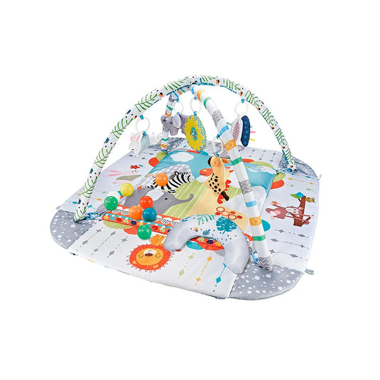 Gimnasio corral de pelotitas con tapete de animalitos, con arco de juguetes móviles, hecho en material resistente antialérgico, diseñado con colores y texturas estimulantes