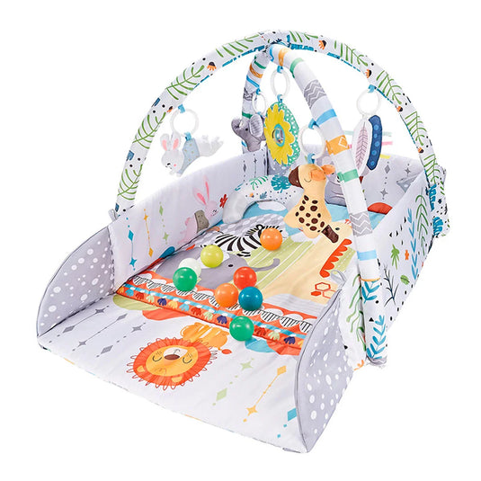Gimnasio corral de pelotitas con tapete de animalitos, con arco de juguetes móviles, hecho en material resistente antialérgico, diseñado con colores y texturas estimulantes