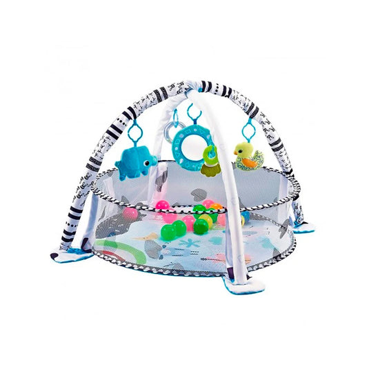 Gimnasio 2 en 1 corral y tapete de juego con sonajeros, diseño unisex en color blanco, decorado con diseño de animalitos y patrones, hecho en material antialérgico y suave al tacto, juguetes colgantes para estimulación de agarre