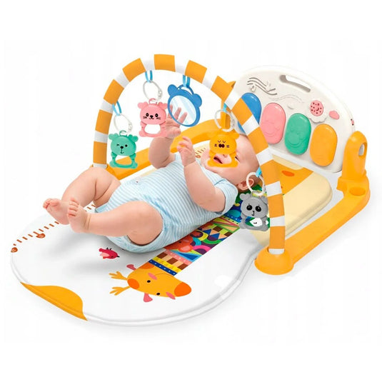 Gimnasio didáctico con diseño de jirafa amarilla, colorido diseño estampado hecho en material resistente hipoalergénico, móviles colgantes de animalitos de colores, con espejo, melodías y luces