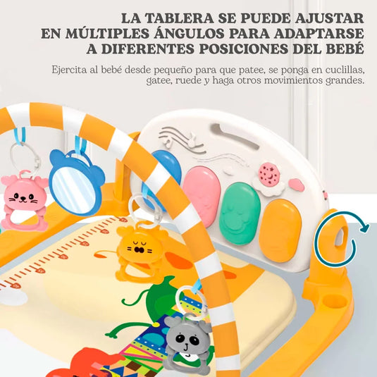 Gimnasio didáctico con diseño de jirafa amarilla, colorido diseño estampado hecho en material resistente hipoalergénico, móviles colgantes de animalitos de colores, con espejo, melodías y luces