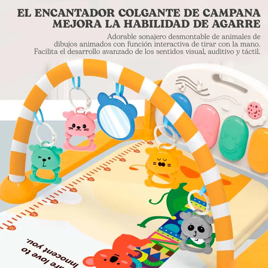 Gimnasio didáctico con diseño de jirafa amarilla, colorido diseño estampado hecho en material resistente hipoalergénico, móviles colgantes de animalitos de colores, con espejo, melodías y luces