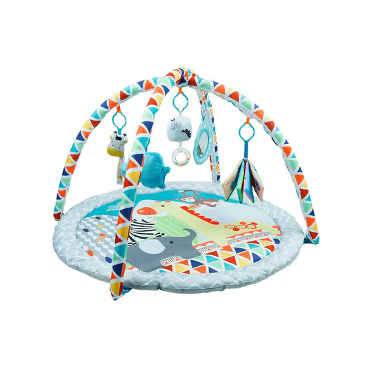 Gimnasio circular con diseño de animalitos y móviles colgantes, tapete de juego para bebés, colores y texturas estimulantes, hecho en material resistente hipoalergénico