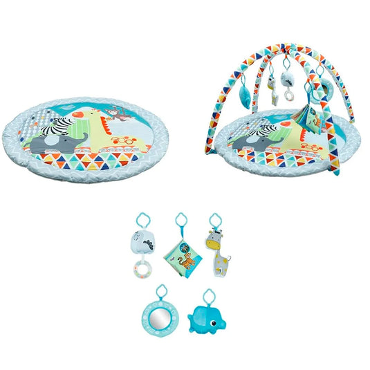 Gimnasio circular con diseño de animalitos y móviles colgantes, tapete de juego para bebés, colores y texturas estimulantes, hecho en material resistente hipoalergénico