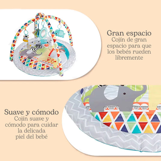 Gimnasio circular con diseño de animalitos y móviles colgantes, tapete de juego para bebés, colores y texturas estimulantes, hecho en material resistente hipoalergénico