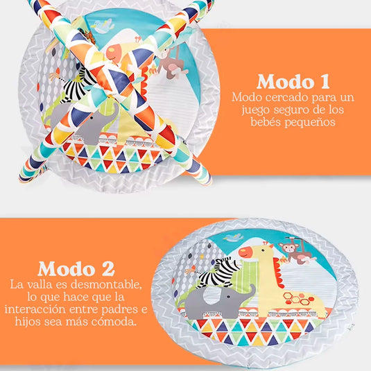 Gimnasio circular con diseño de animalitos y móviles colgantes, tapete de juego para bebés, colores y texturas estimulantes, hecho en material resistente hipoalergénico