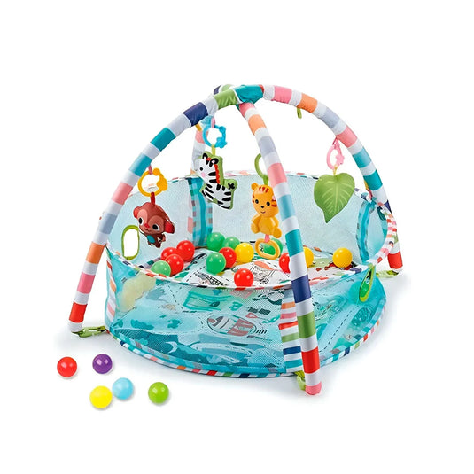 Gimnasio 3 en 1 corral redondo con tapete, móviles y pelotitas, hecho en material resistente antialérgico, juguetes móviles colgantes, laterales en malla, con diseño de animalitos colorido