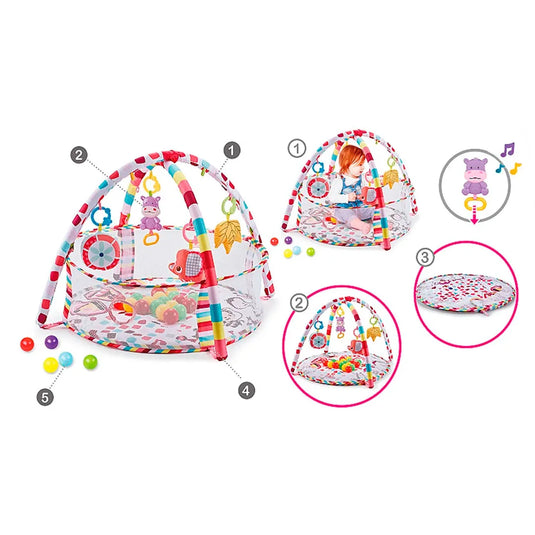 Gimnasio 3 en 1 corral redondo con tapete, móviles y pelotitas, hecho en material resistente antialérgico, juguetes móviles colgantes, laterales en malla, con diseño de animalitos colorido