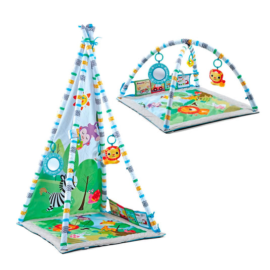 Gimnasio y tienda de actividades 2 en 1 para bebé, tapete acolchado para una zona de juego segura, móviles colgantes y un espejo para una estimulación sensorial, hecho en material resístete y con un estampado muy colorido