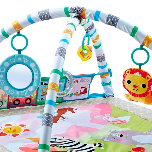 Gimnasio y tienda de actividades 2 en 1 para bebé, tapete acolchado para una zona de juego segura, móviles colgantes y un espejo para una estimulación sensorial, hecho en material resístete y con un estampado muy colorido