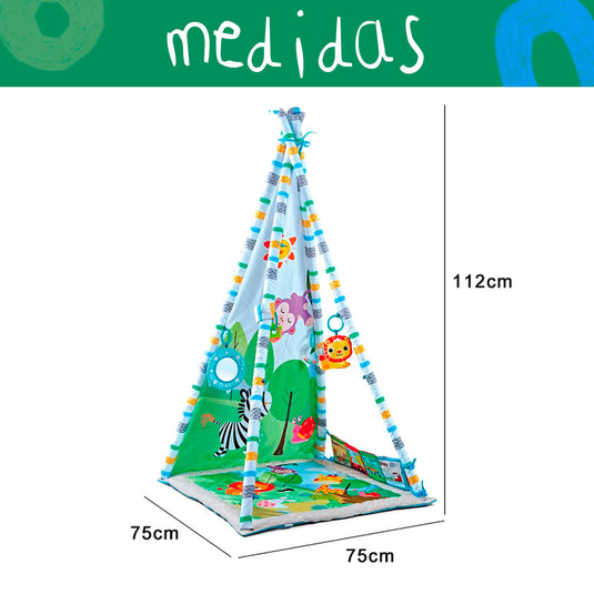 Gimnasio y tienda de actividades 2 en 1 para bebé, tapete acolchado para una zona de juego segura, móviles colgantes y un espejo para una estimulación sensorial, hecho en material resístete y con un estampado muy colorido