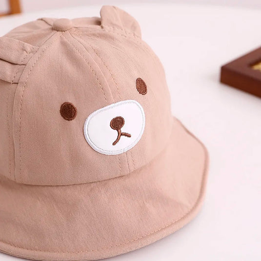 Gorro explorador con diseño de osito para bebé, sombrero para el sol, con correa de barbilla de ajuste con resorte, material suave