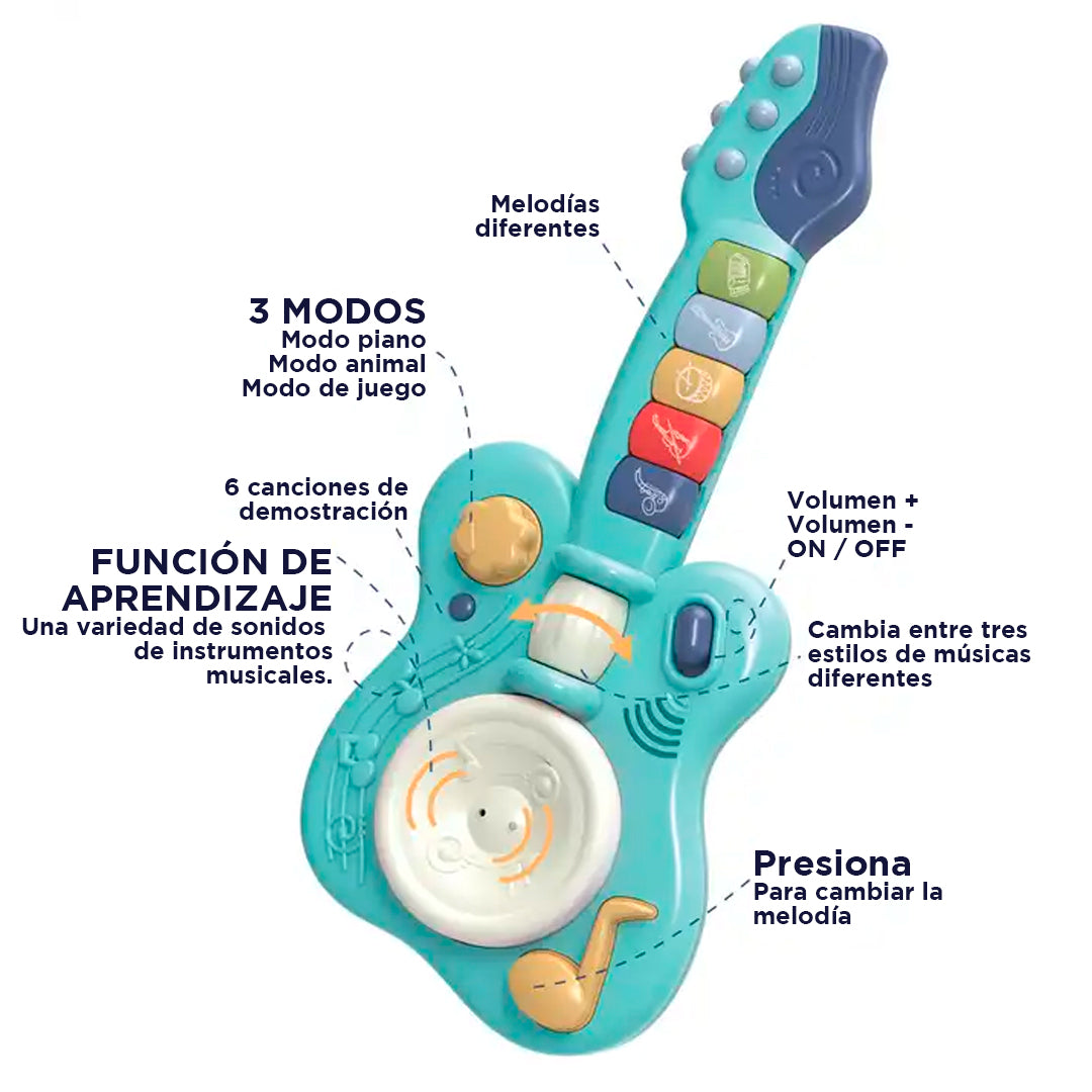 Guitarra multifuncional didáctica de juguete, de color celeste, con melodías y luces