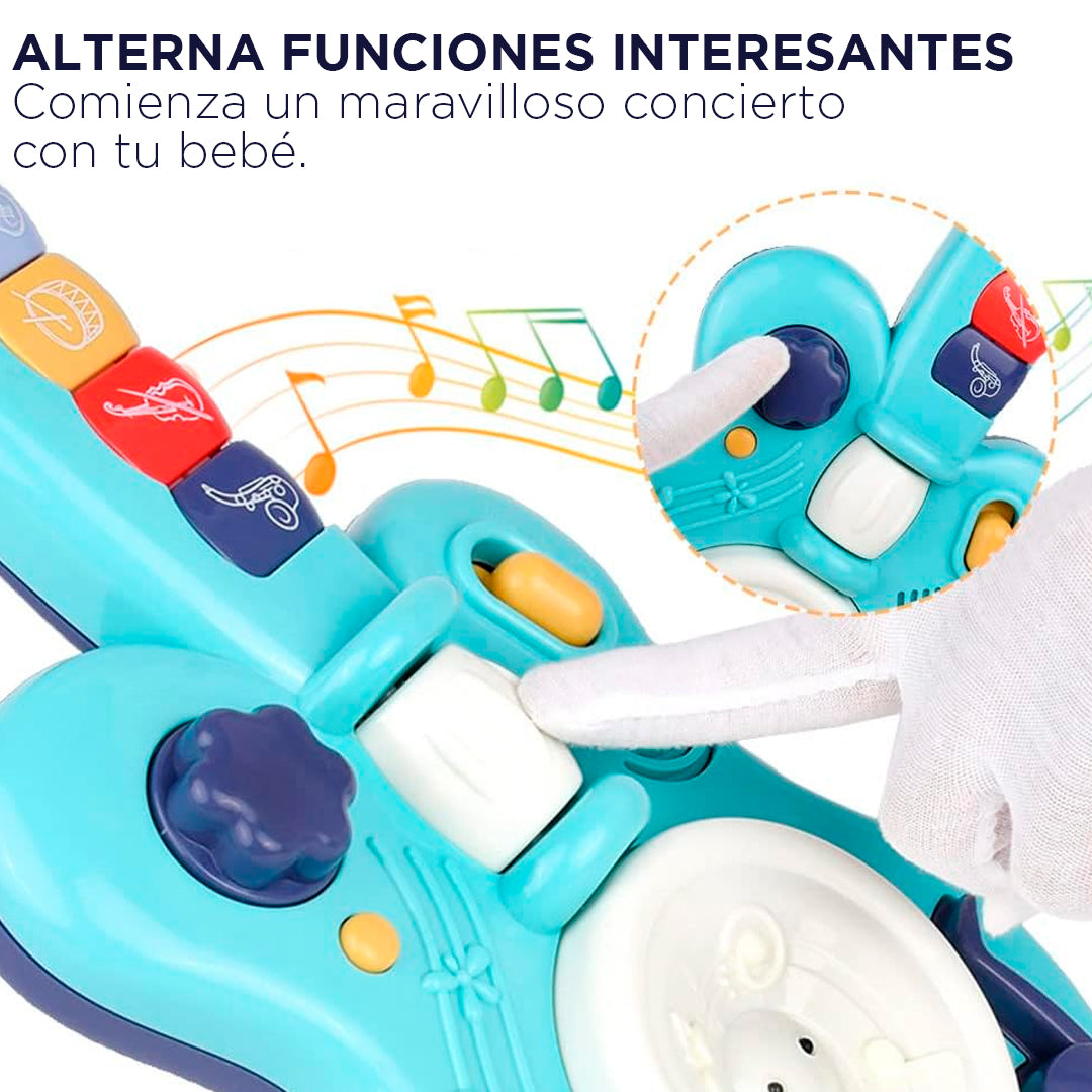 Guitarra multifuncional didáctica de juguete, de color celeste, con melodías y luces