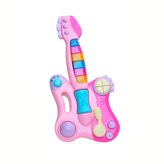 Guitarra multifuncional didáctica de juguete, de color rosada, con melodías y luces - Huanger Rosada