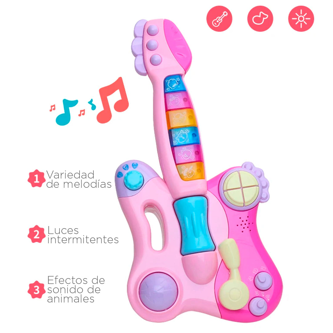 Guitarra multifuncional didáctica de juguete, de color rosada, con melodías y luces - Huanger