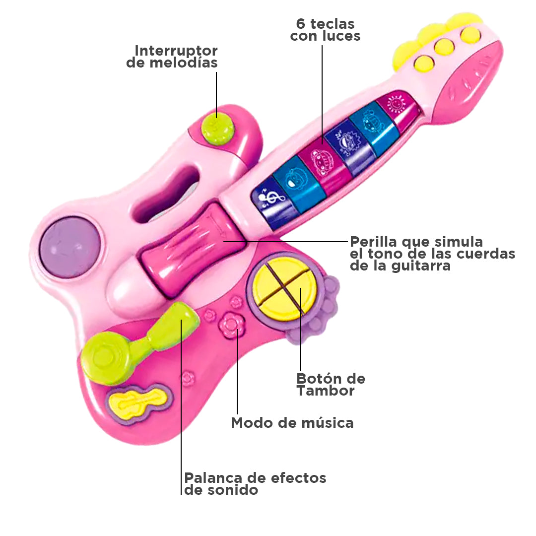 Guitarra multifuncional didáctica de juguete, de color rosada, con melodías y luces - Huanger