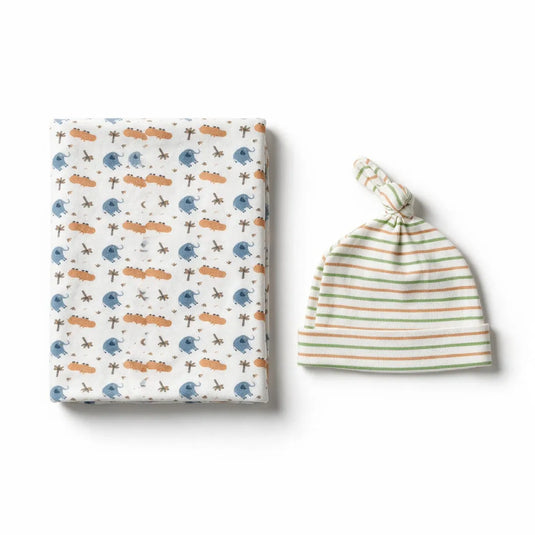 Set gorro y manta de envolver para bebé en algodón, con estampado de letras y animalitos, suave y transpirable