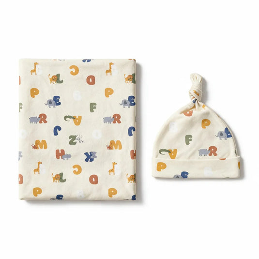 Set gorro y manta de envolver para bebé en algodón, con estampado de letras y animalitos, suave y transpirable