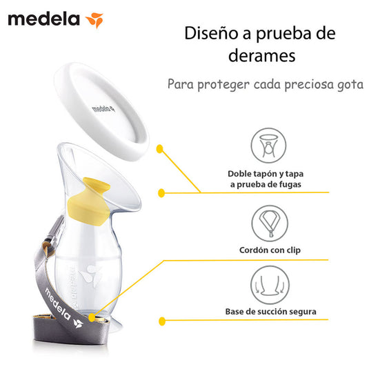 Hakka recolectora en silicona 100% BPA Free, de una capacidad de 100ml / 3.4 oz, con cordón para facilitar su uso, cuenta con tapa y base de sujeción segura - Medela - Cocco Semana 2026