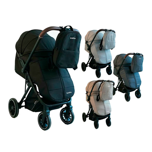 Coche paseador con pañalera y cubrepiés, con sistema de plegado tipo maleta, compacto y ligero, toldo y espaldar ajustable, espacio de almacenamiento en la parte inferior - Kidilo